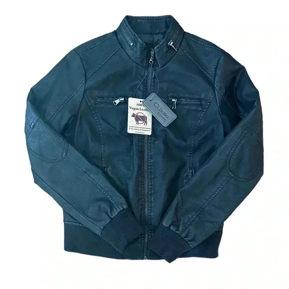 Ci Sono By Cavalini Women’s Medium Black 100% Vegan Leather Bomber Jacket - Picture 1 of 9